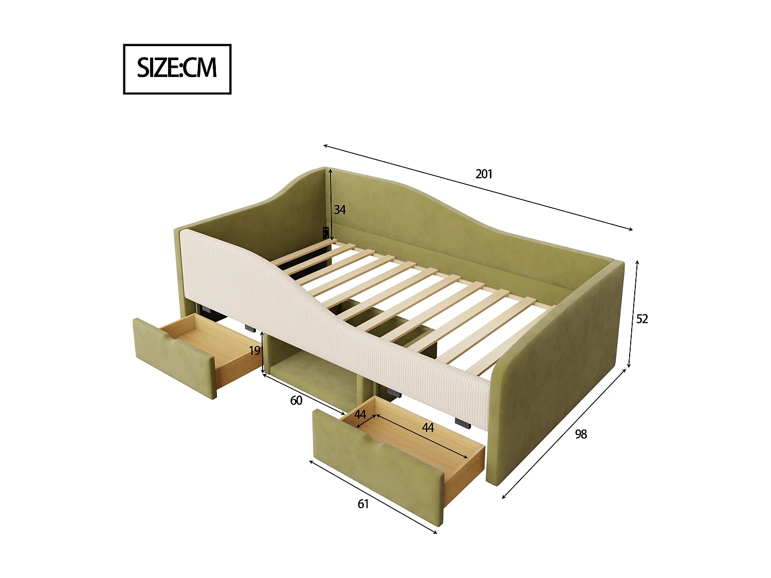 Lit banquette 90x190 cm - Lit enfant avec 2 tiroirs et sommier à lattes en bois - velours vert foncé - sans matelas