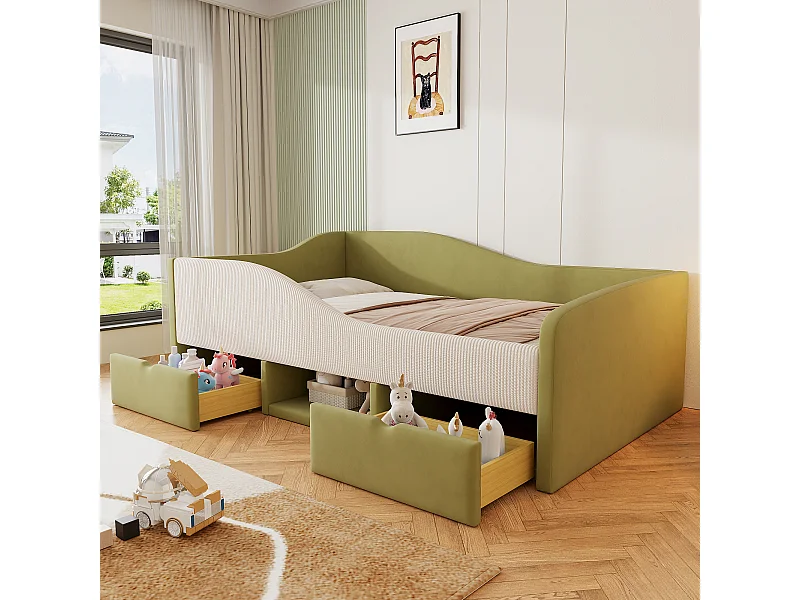 Lit banquette 90x190 cm - Lit enfant avec 2 tiroirs et sommier à lattes en bois - velours vert foncé - sans matelas