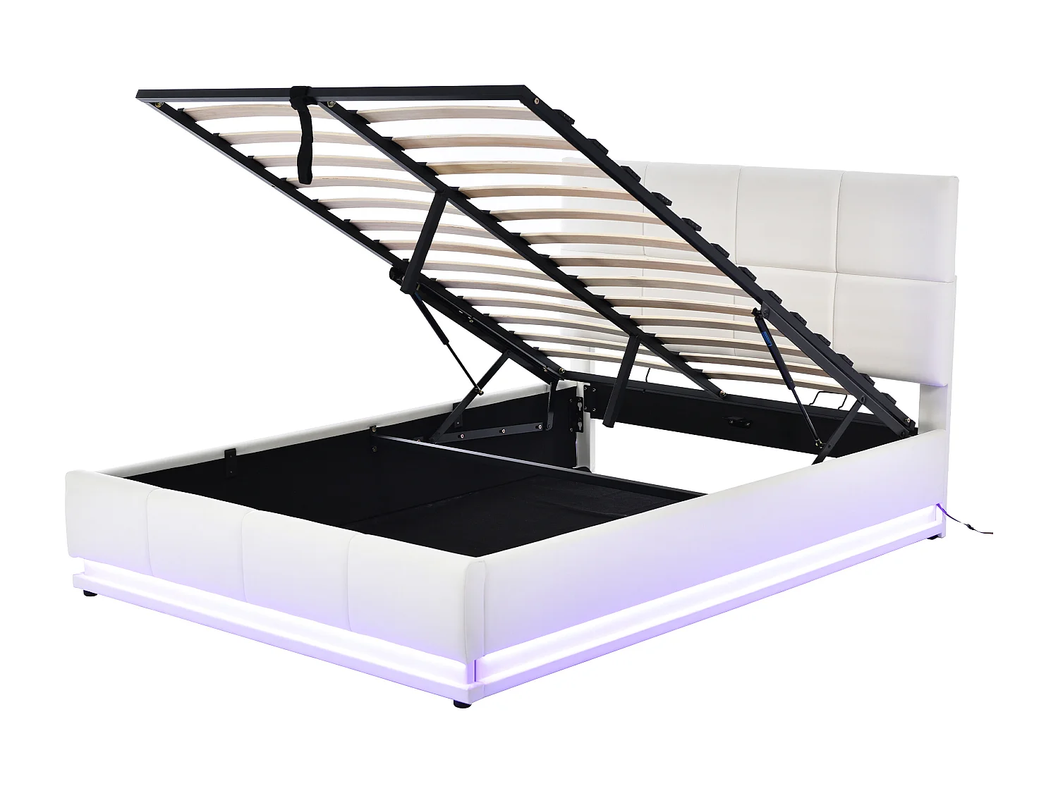 Cama com arrumação 140 x 200 cm - com iluminação LED, elevação hidráulica, base de ripas - PU branco - colchão não incluído