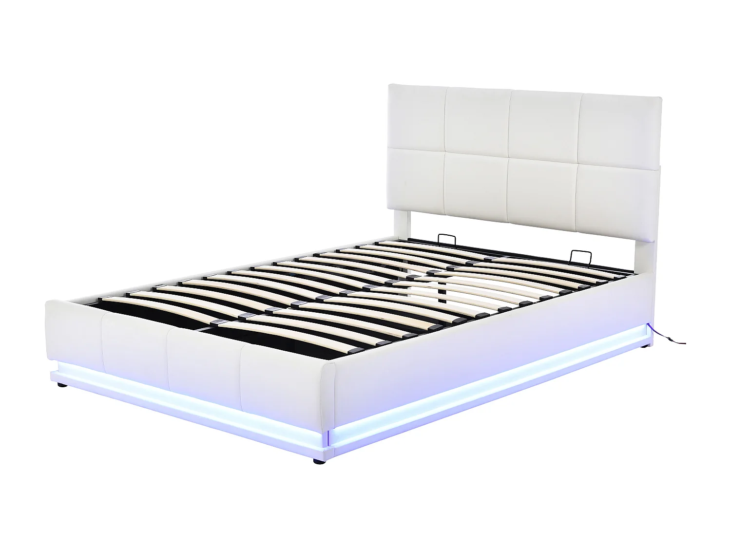 Cama com arrumação 140 x 200 cm - com iluminação LED, elevação hidráulica, base de ripas - PU branco - colchão não incluído