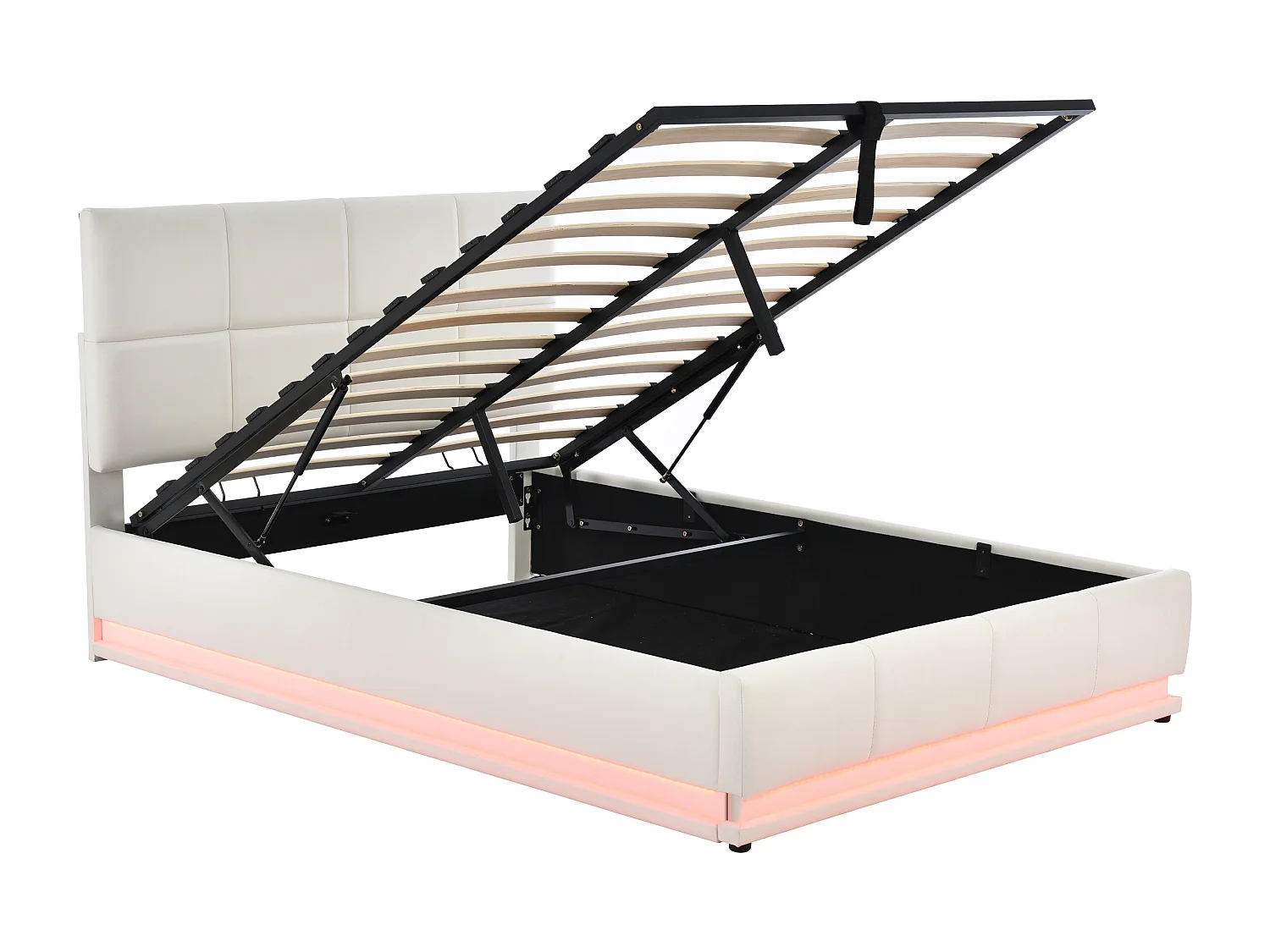 Cama com arrumação 140 x 200 cm - com iluminação LED, elevação hidráulica, base de ripas - PU branco - colchão não incluído