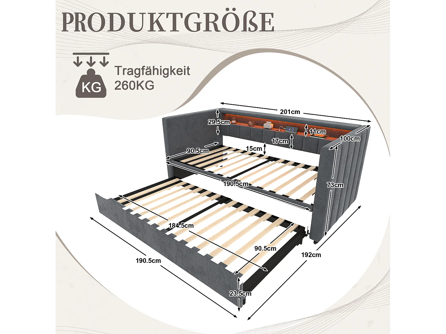 Lit gigogne 90x190 cm - avec tête de lit avec rangement et LED - velours gris foncé - sans matelas