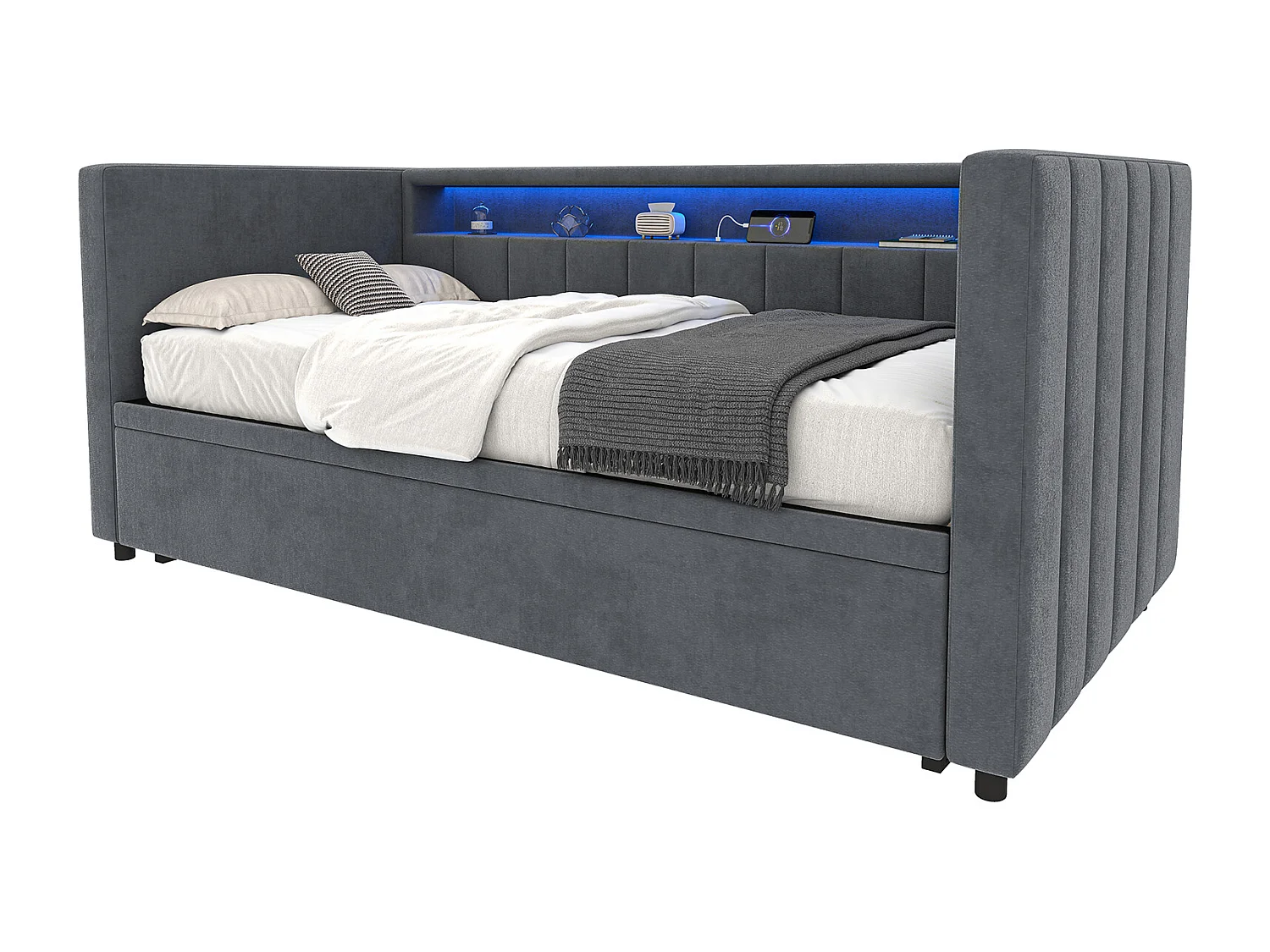Lit gigogne 90x190 cm - avec tête de lit avec rangement et LED - velours gris foncé - sans matelas