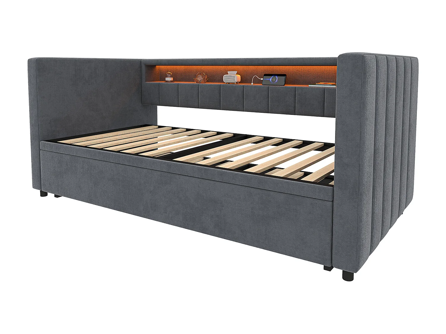 Lit gigogne 90x190 cm - avec tête de lit avec rangement et LED - velours gris foncé - sans matelas