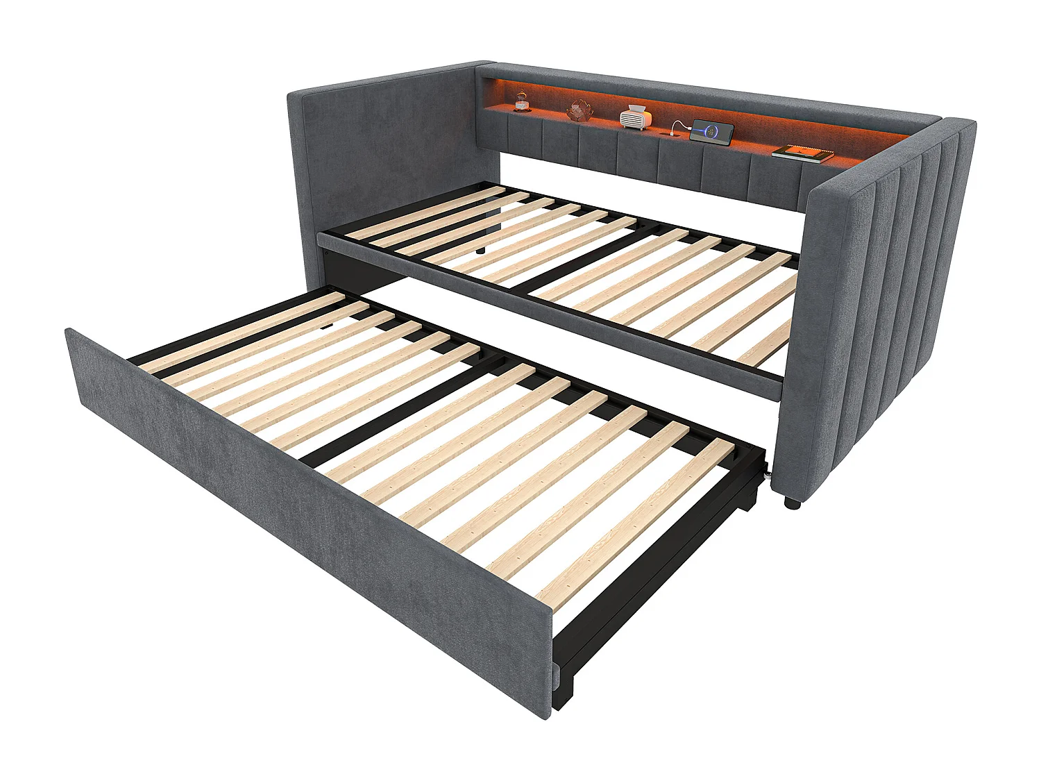 Lit gigogne 90x190 cm - avec tête de lit avec rangement et LED - velours gris foncé - sans matelas