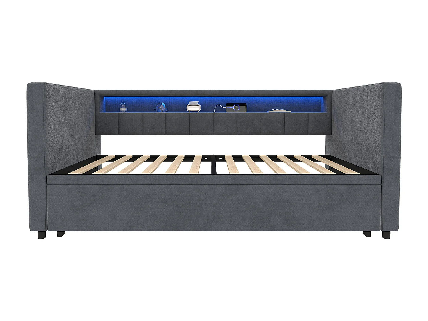 Lit gigogne 90x190 cm - avec tête de lit avec rangement et LED - velours gris foncé - sans matelas