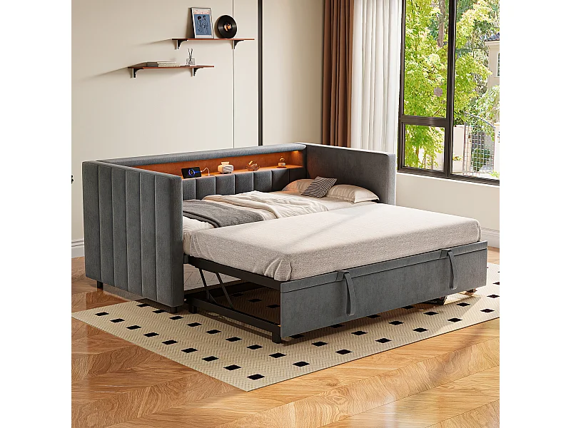 Lit gigogne 90x190 cm - avec tête de lit avec rangement et LED - velours gris foncé - sans matelas