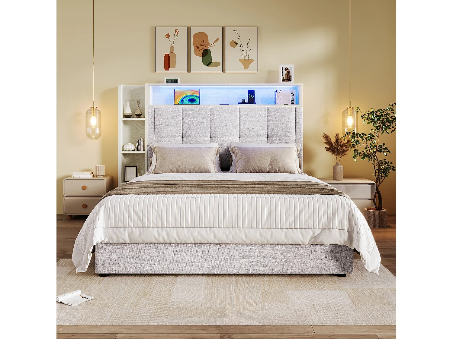 Lit coffre 90x200 cm - avec tête de lit avec rangement et éclairage LED - lin beige - sans matelas