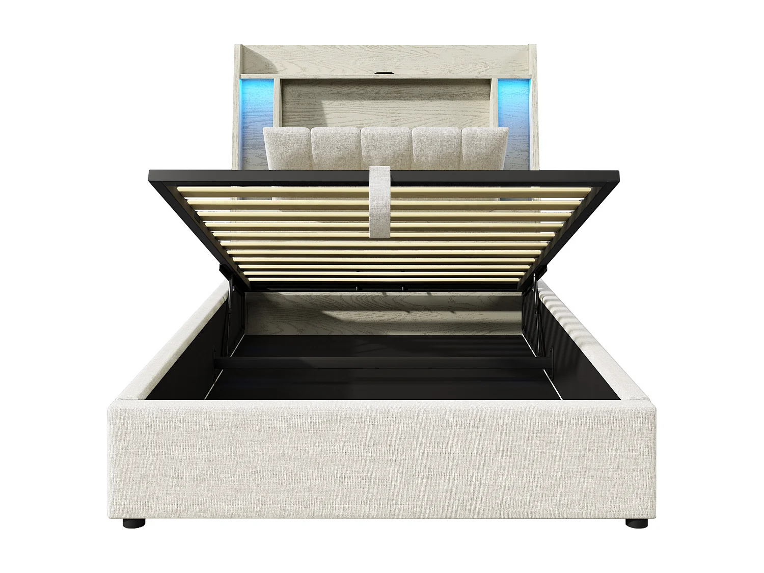 Lit coffre 90x200 cm - avec tête de lit avec rangement, USB et Type-C, LED - lin beige - sans matelas