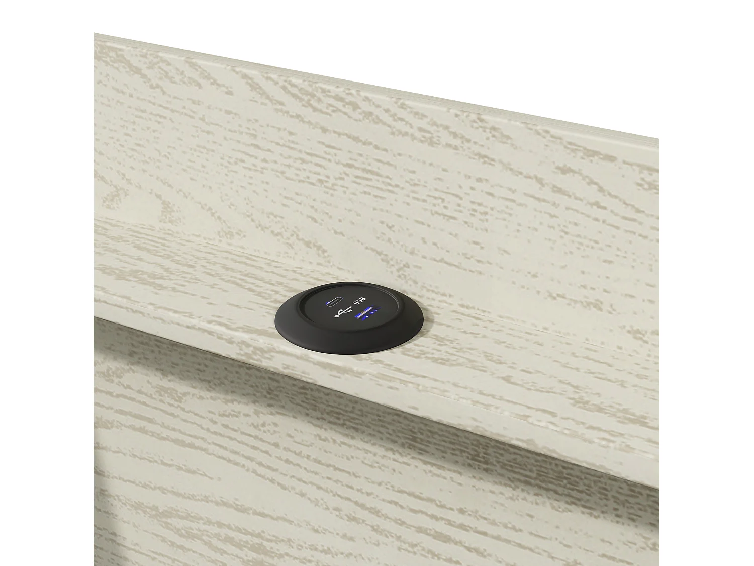 Lit coffre 90x200 cm - avec tête de lit avec rangement, USB et Type-C, LED - lin beige - sans matelas