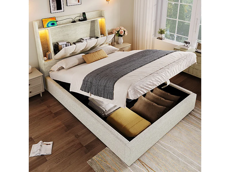 Lit coffre 90x200 cm - avec tête de lit avec rangement, USB et Type-C, LED - lin beige - sans matelas