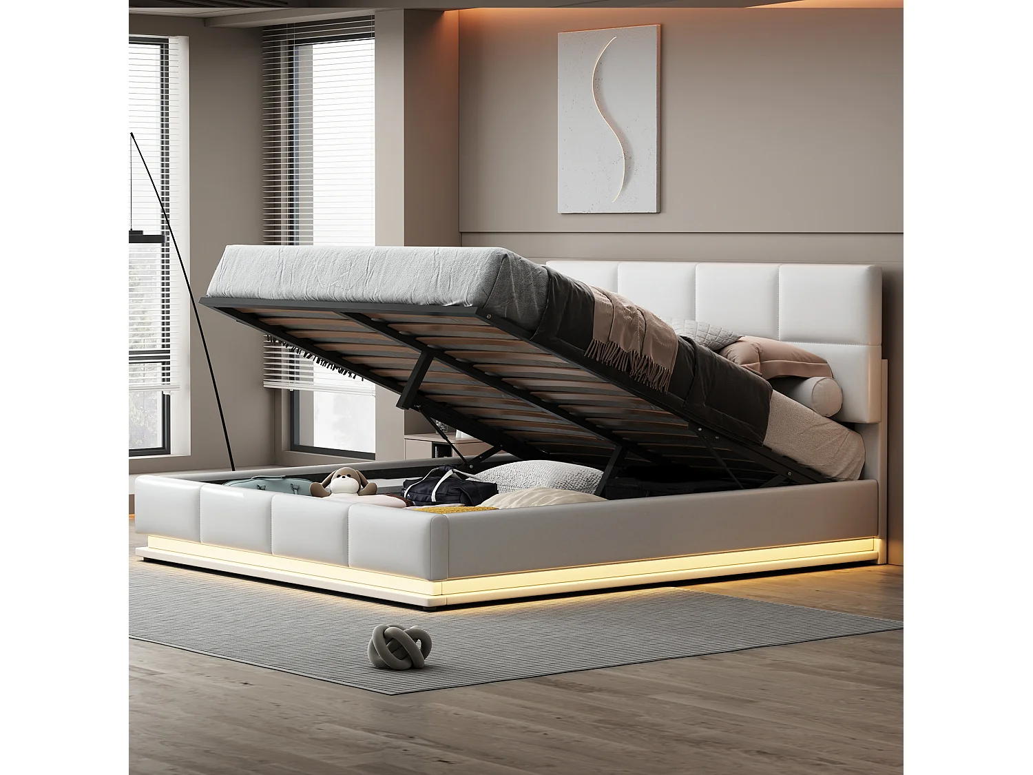 Cama com arrumação 180 x 200 cm - com iluminação LED, elevação hidráulica, base de ripas - PU branco - colchão não incluído