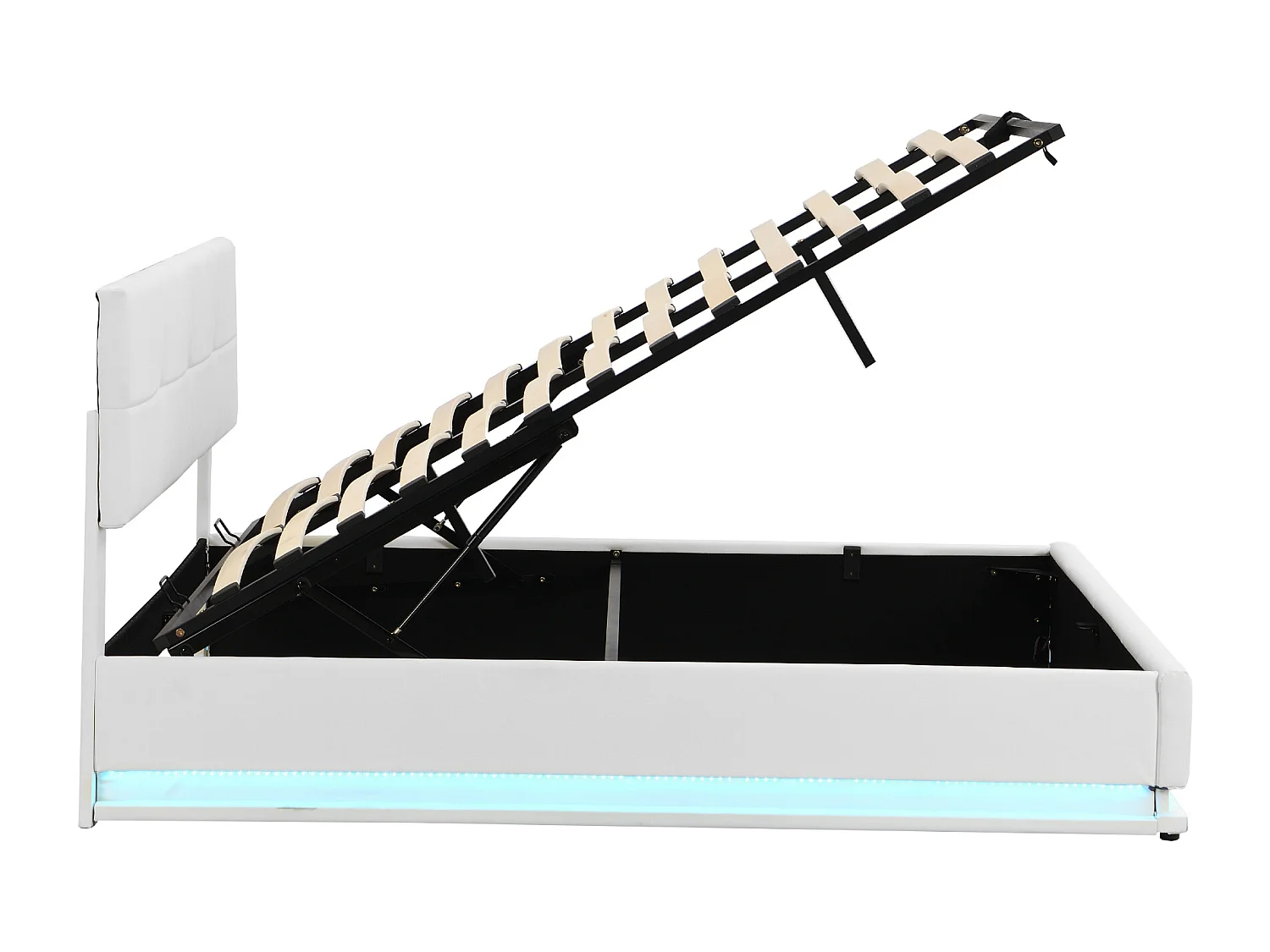 Cama com arrumação 180 x 200 cm - com iluminação LED, elevação hidráulica, base de ripas - PU branco - colchão não incluído