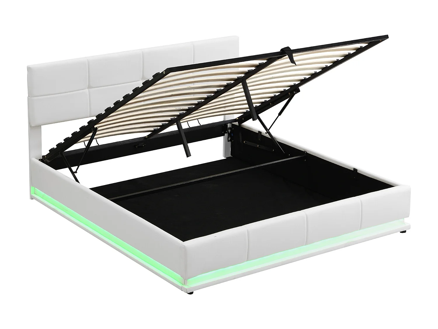 Cama com arrumação 180 x 200 cm - com iluminação LED, elevação hidráulica, base de ripas - PU branco - colchão não incluído