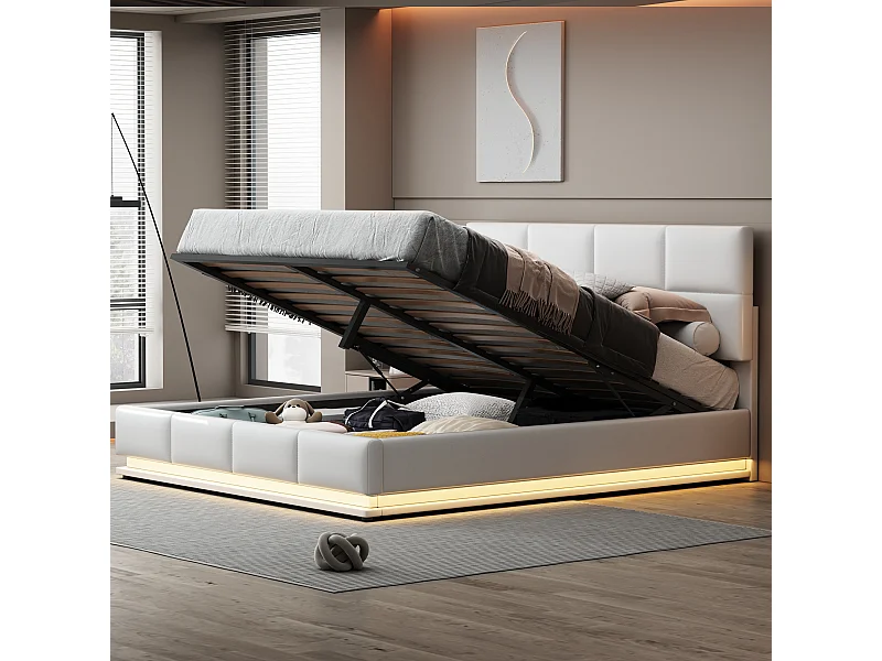 Cama com arrumação 180 x 200 cm - com iluminação LED, elevação hidráulica, base de ripas - PU branco - colchão não incluído