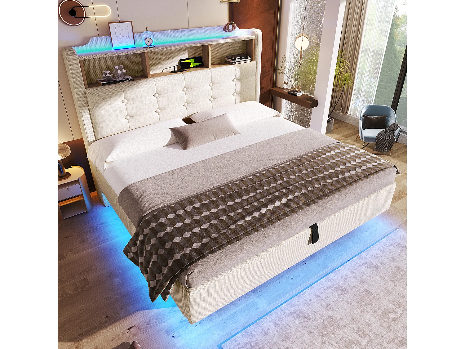 Bett mit Stauraum 140 x 200 cm – mit Kopfteil mit Stauraum und LED-Beleuchtung – beige – Matratze nicht enthalten