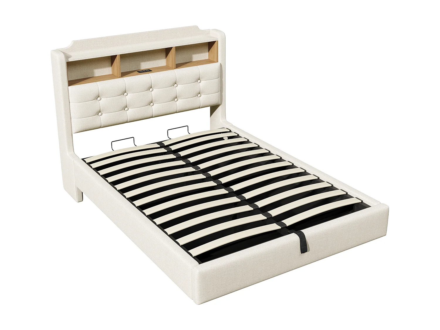 Bett mit Stauraum 140 x 200 cm – mit Kopfteil mit Stauraum und LED-Beleuchtung – beige – Matratze nicht enthalten