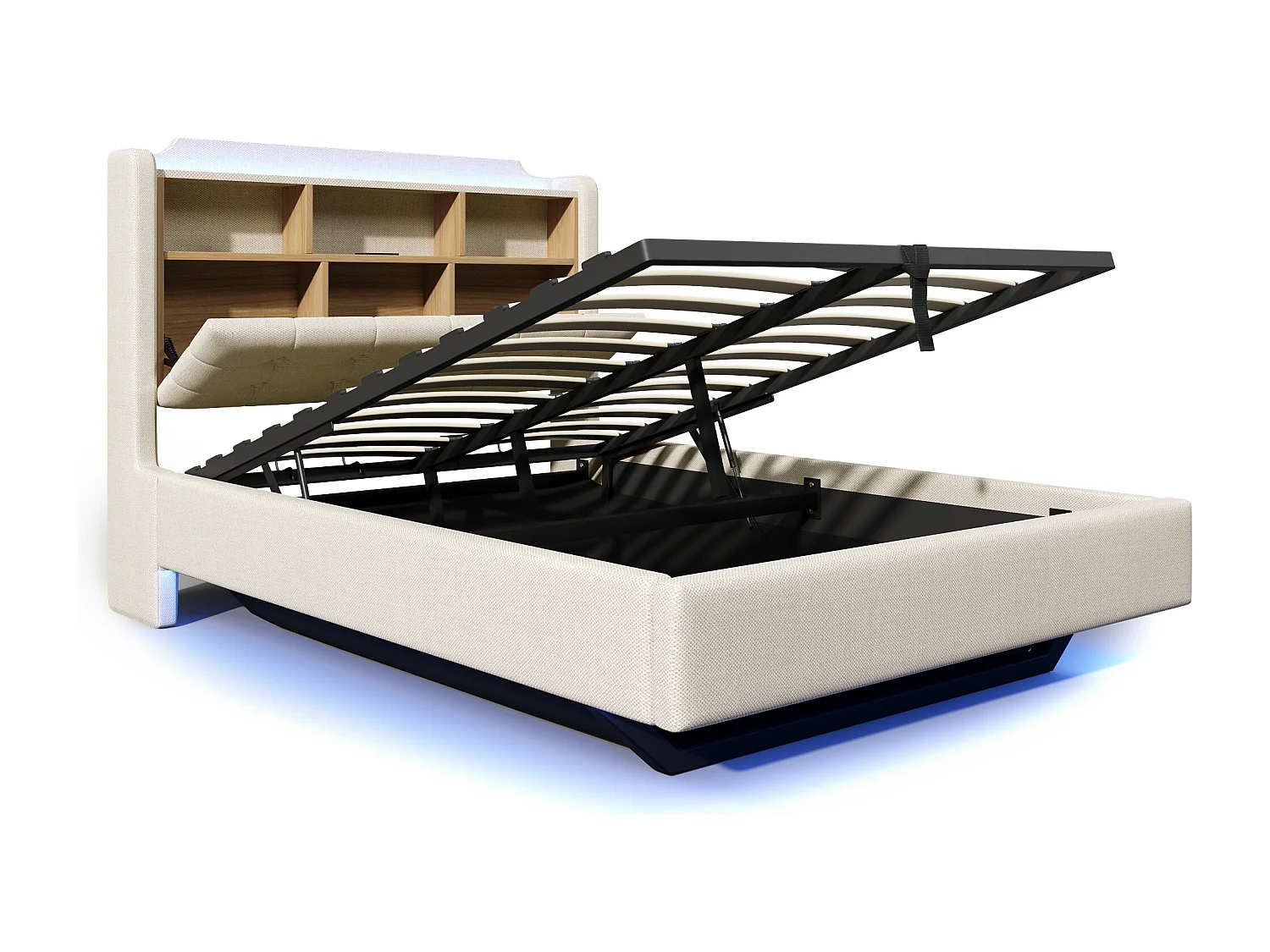 Bett mit Stauraum 140 x 200 cm – mit Kopfteil mit Stauraum und LED-Beleuchtung – beige – Matratze nicht enthalten