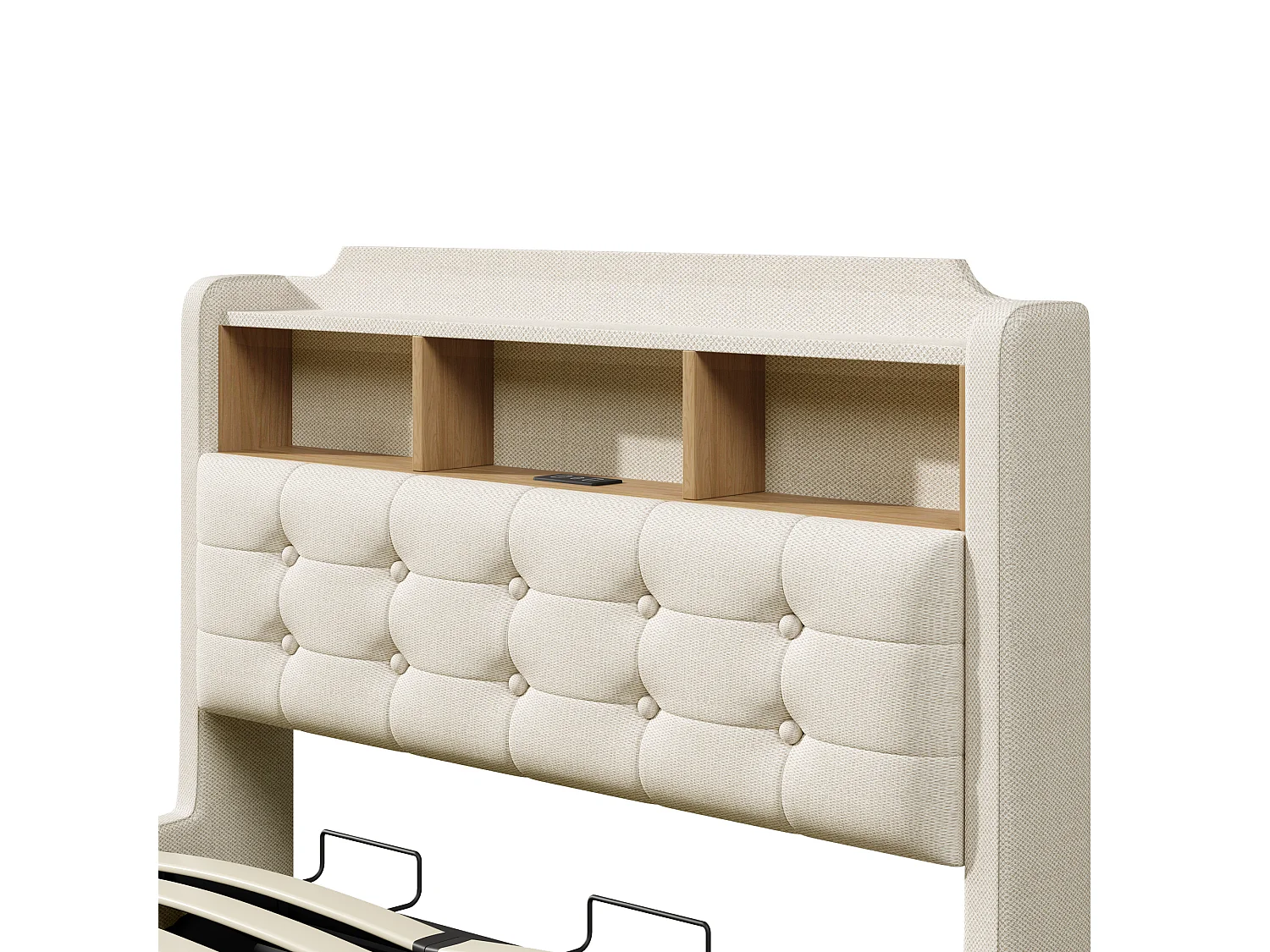 Bett mit Stauraum 140 x 200 cm – mit Kopfteil mit Stauraum und LED-Beleuchtung – beige – Matratze nicht enthalten