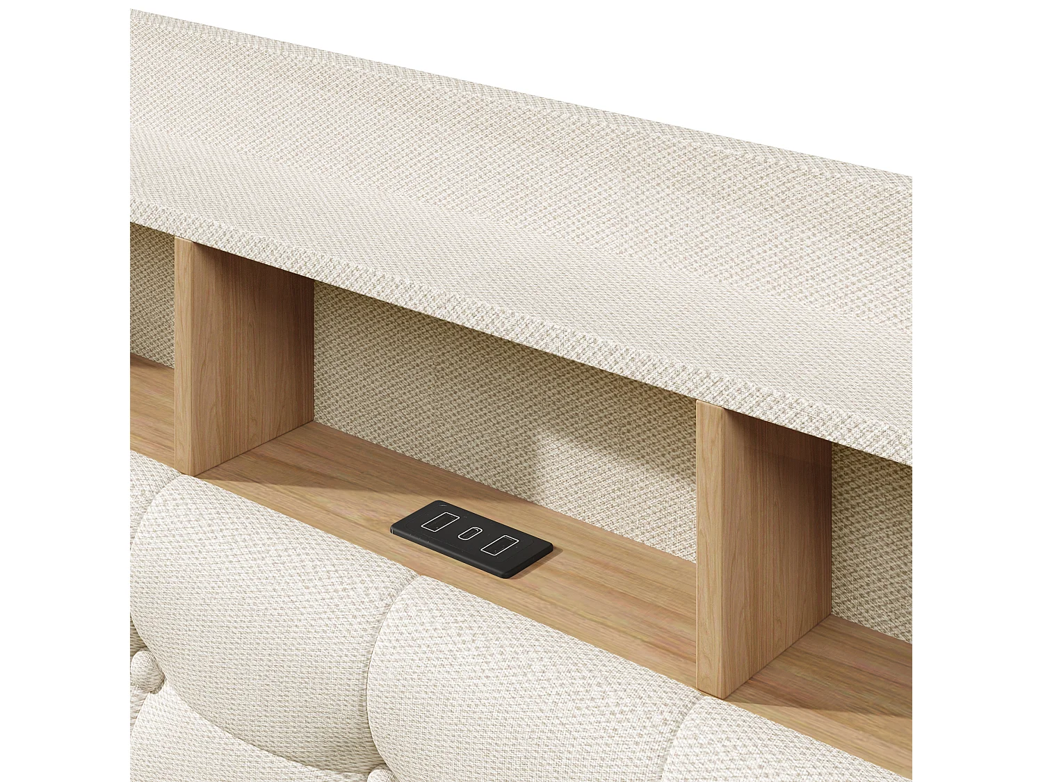 Bett mit Stauraum 140 x 200 cm – mit Kopfteil mit Stauraum und LED-Beleuchtung – beige – Matratze nicht enthalten