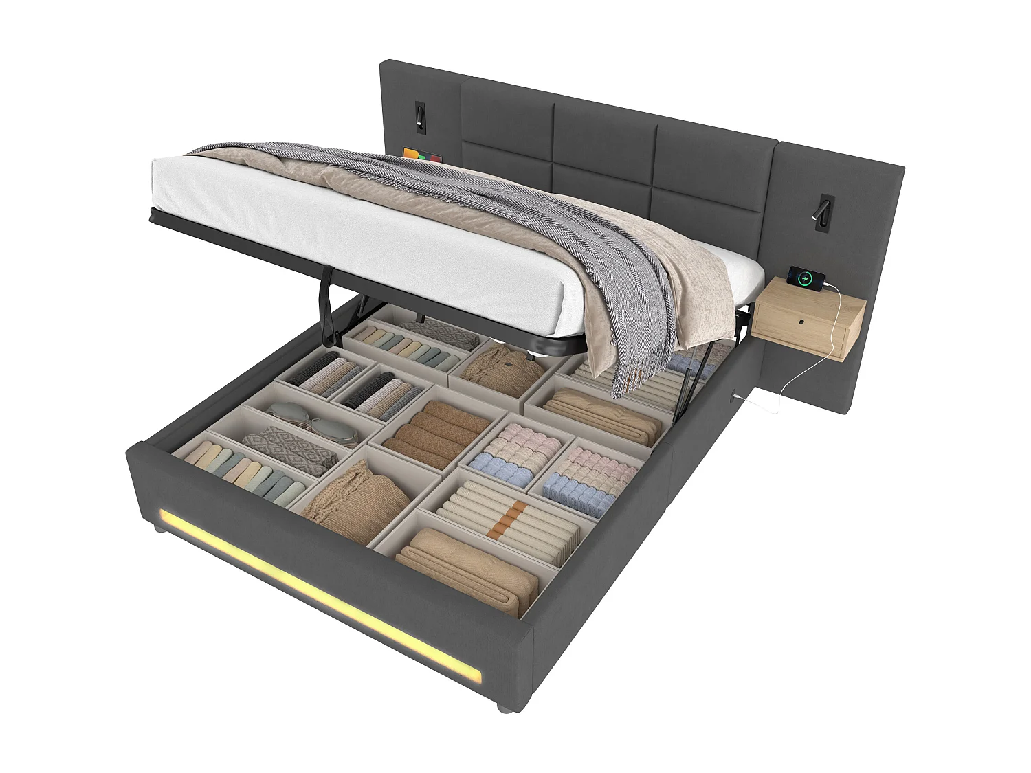 Bett mit Stauraum 180 x 200 cm – mit 2 Nachttischen, LED-Beleuchtung und USB-Anschlüssen – dunkelgrauer Samt – Matratze nicht enthalten