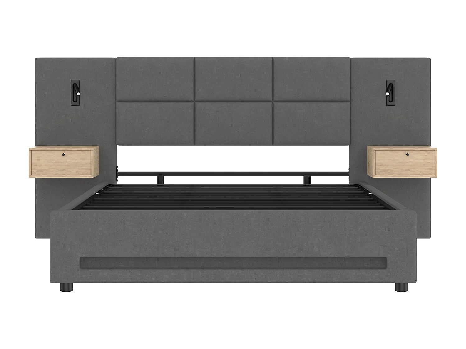 Bett mit Stauraum 180 x 200 cm – mit 2 Nachttischen, LED-Beleuchtung und USB-Anschlüssen – dunkelgrauer Samt – Matratze nicht enthalten