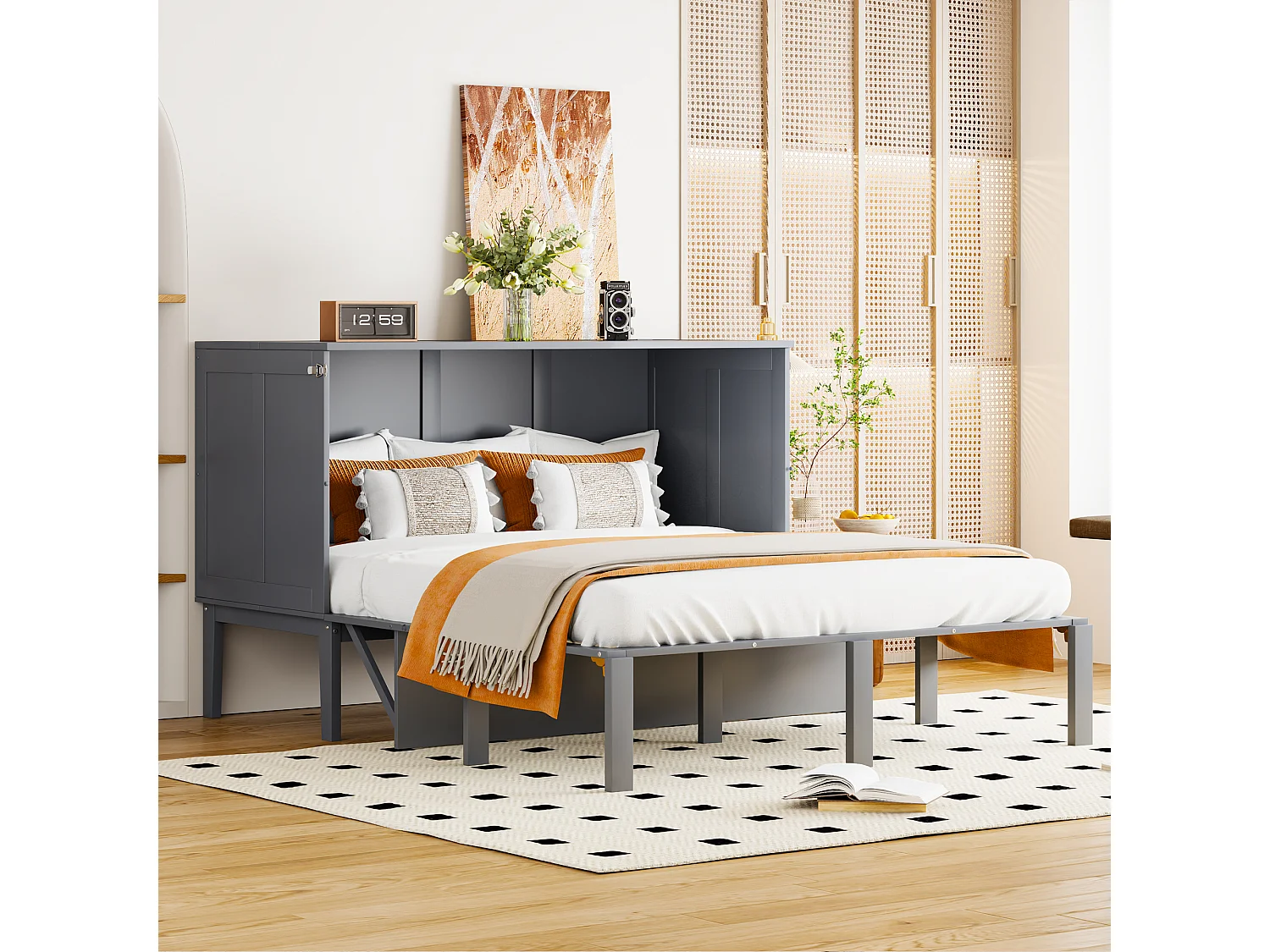 Lit escamotable 140x200 cm - lit pliant mural, lit vertical escamotable à lattes - gris