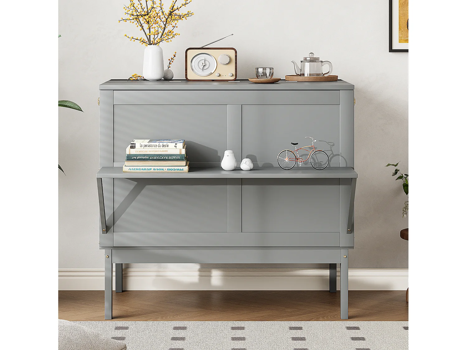 Lit escamotable 90x200 cm - lit pliant mural, lit vertical escamotable à lattes - gris