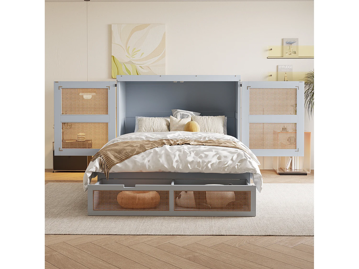Lit escamotable - Lit 140x200 cm avec tiroirs de rangement et design rotin - bois gris - sans matelas
