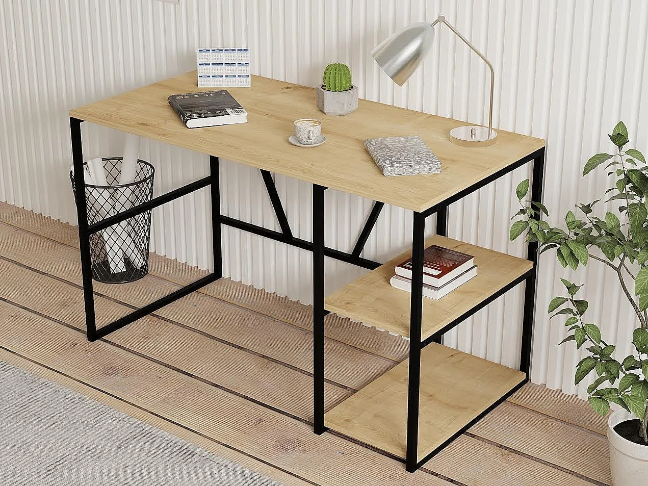 Elegant "Caste" Träskrivbord - Beige, 120 x 60 x 74 cm, 2 Hyllor