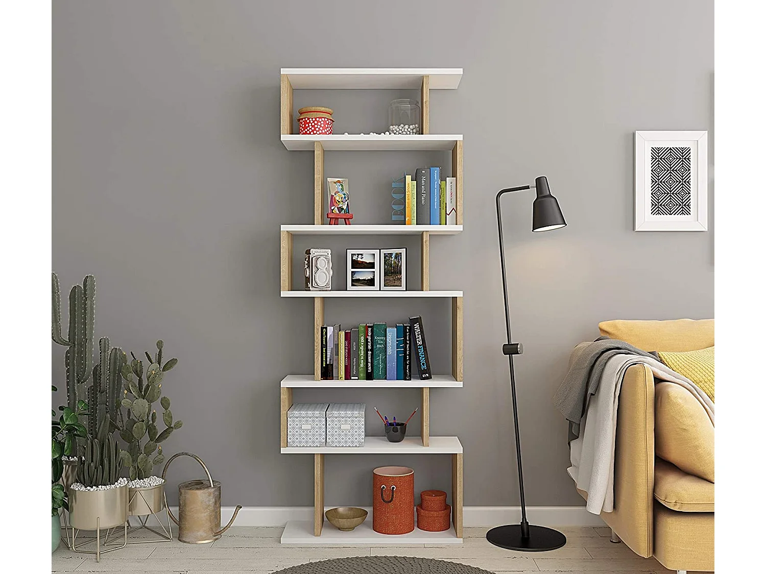 Bates boekenplank van wit eikenhout 6 planken 60x19x160 cm modern en robuust design