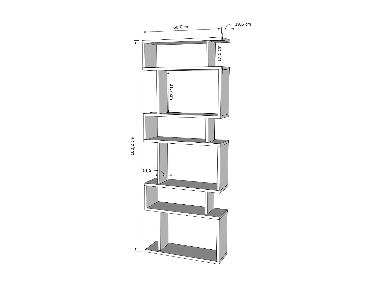 Bates boekenplank van wit eikenhout 6 planken 60x19x160 cm modern en robuust design