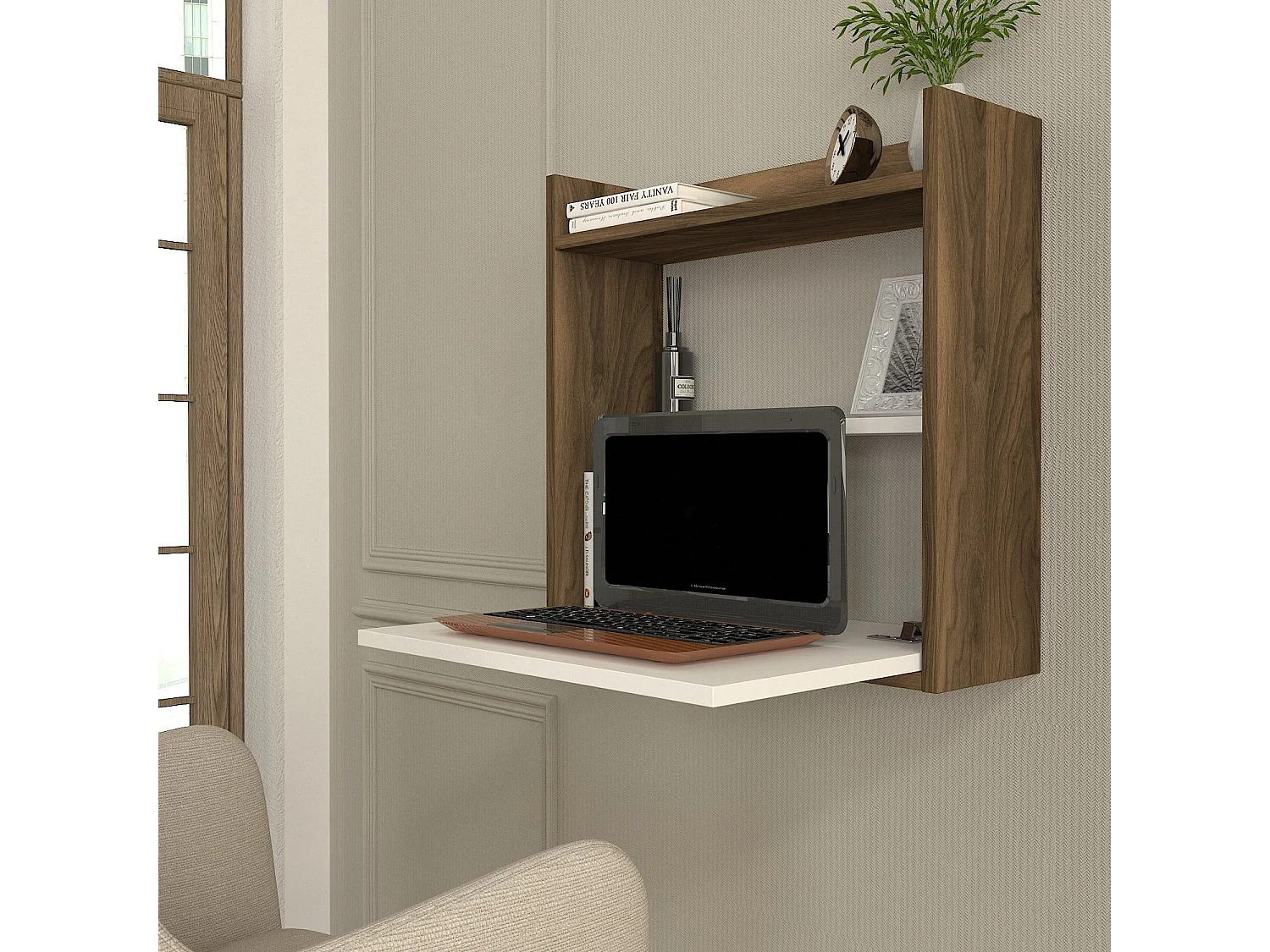 Bureau en bois "Laptop" - 19 x 60 x 60 cm - Blanc, Noyer