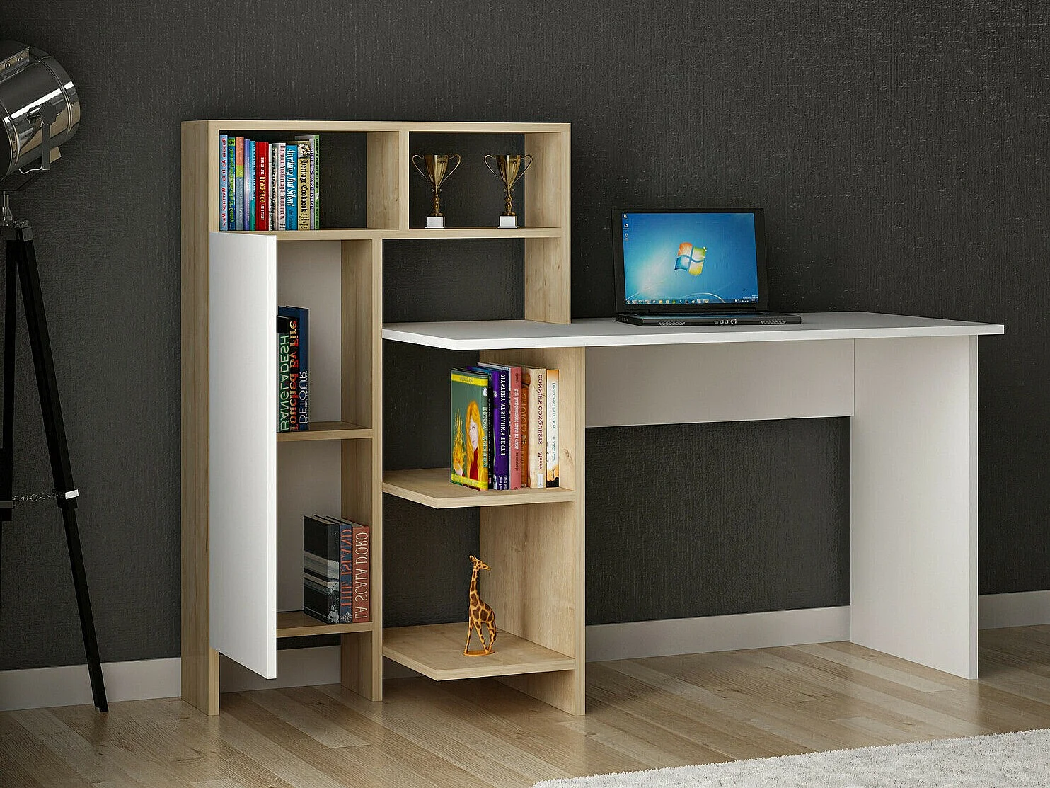 Bureau en bois "Bugra" - Blanc, Chêne