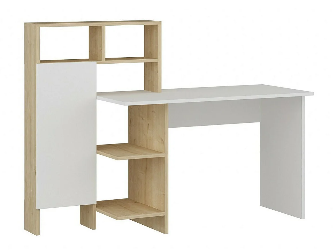 Drewniane biurko "Bugra" białe i dębowe z 13 półkami i 12 niszami, 60x70x73 cm, design Habitat i Jardin
