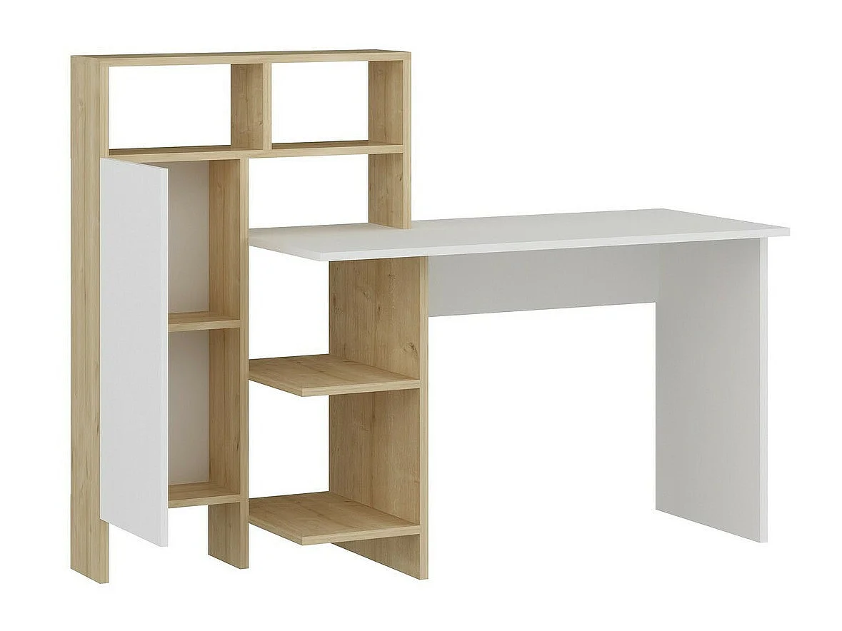 Drewniane biurko "Bugra" białe i dębowe z 13 półkami i 12 niszami, 60x70x73 cm, design Habitat i Jardin