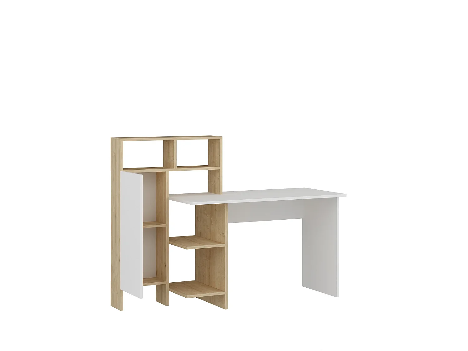Drewniane biurko "Bugra" białe i dębowe z 13 półkami i 12 niszami, 60x70x73 cm, design Habitat i Jardin