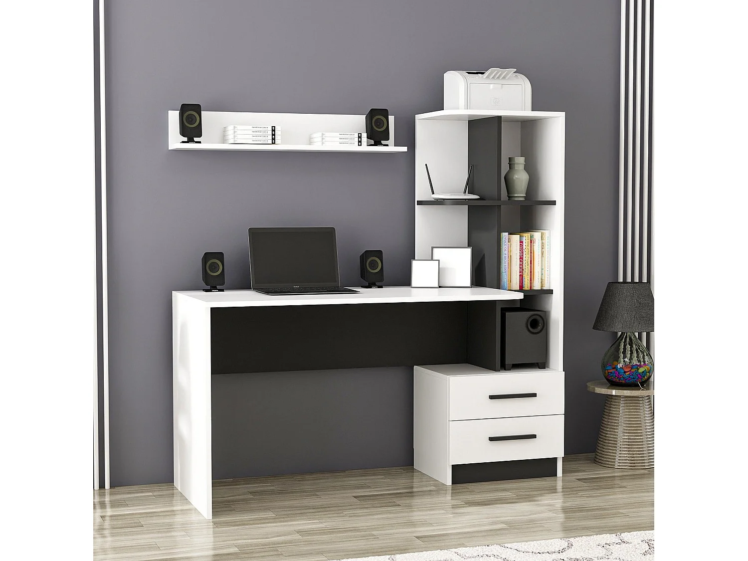 Bureau en bois "Alaska" - 60 x 120 x 74 cm - Blanc, Noir