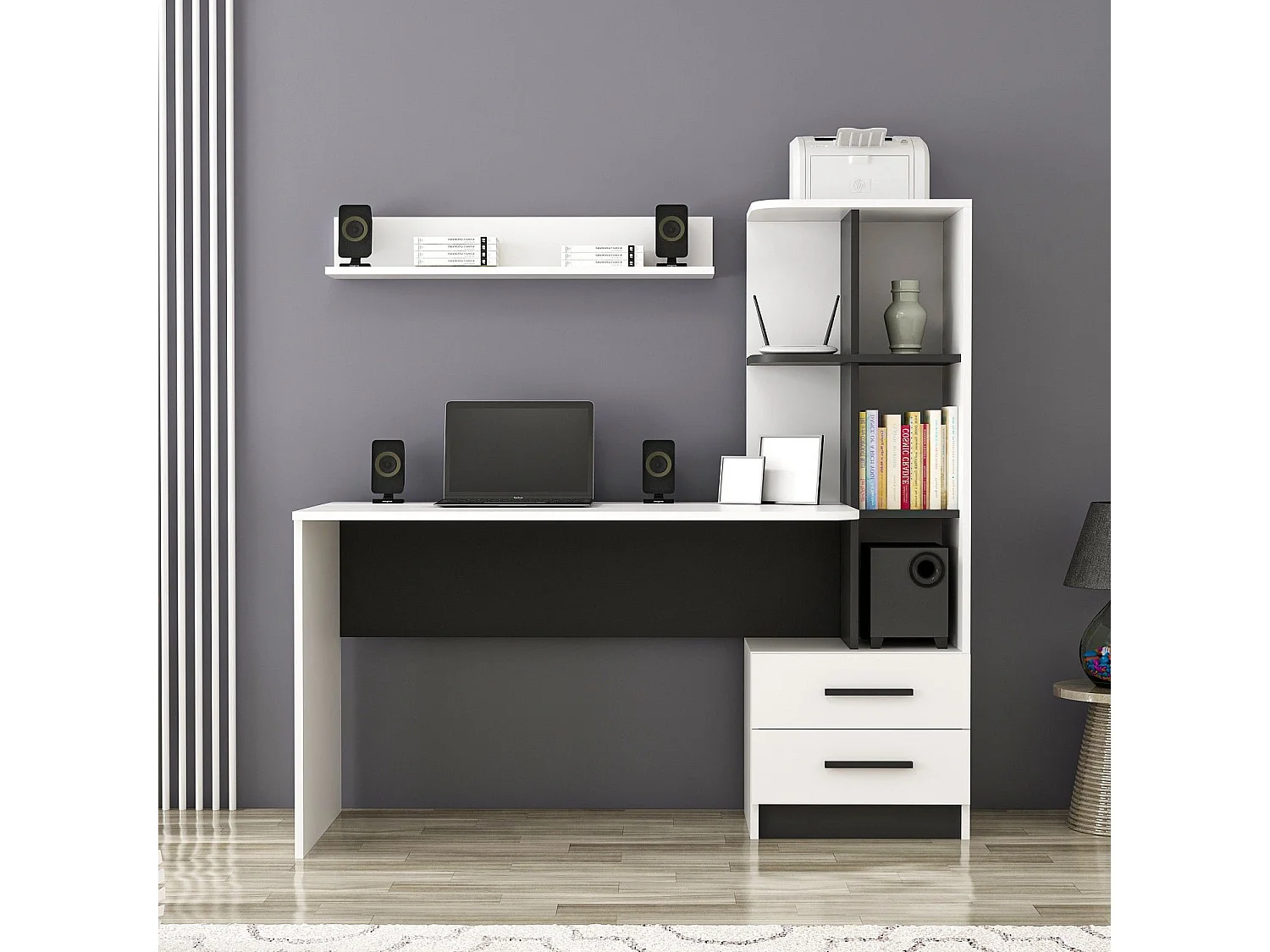 Bureau en bois "Alaska" - 60 x 120 x 74 cm - Blanc, Noir