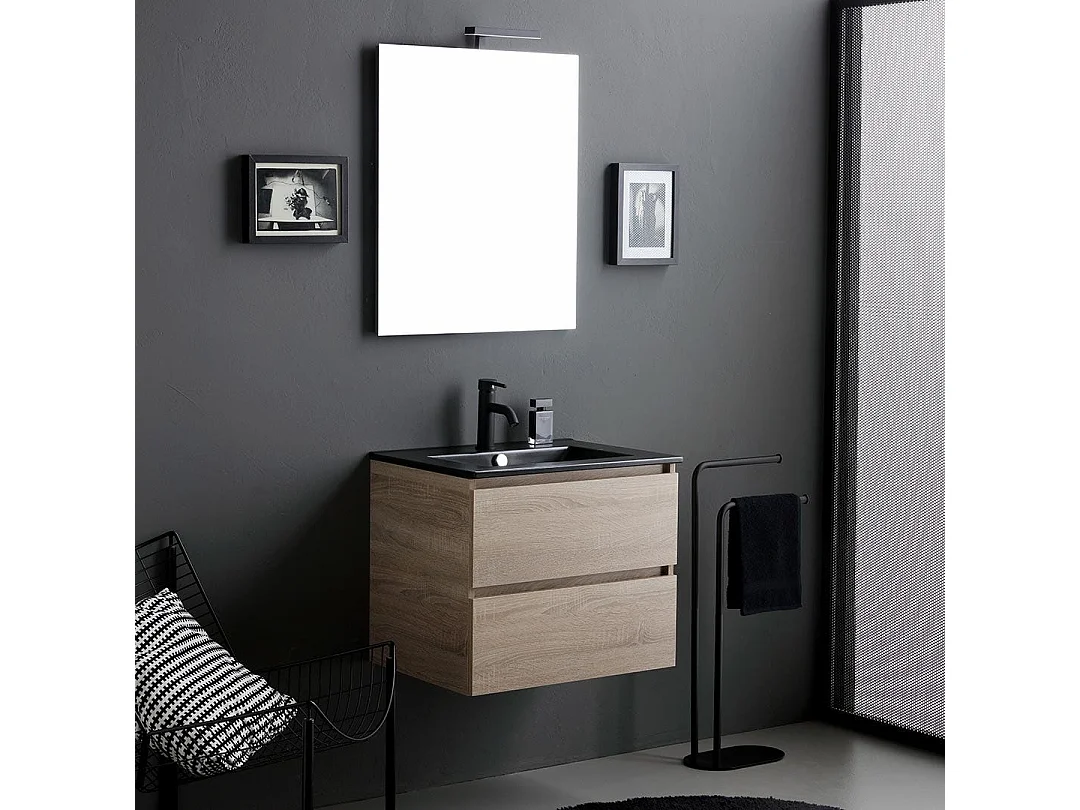 Meuble Salle De Bain 60Cm Chêne Avec Lavabo Noir Mat | Berlin