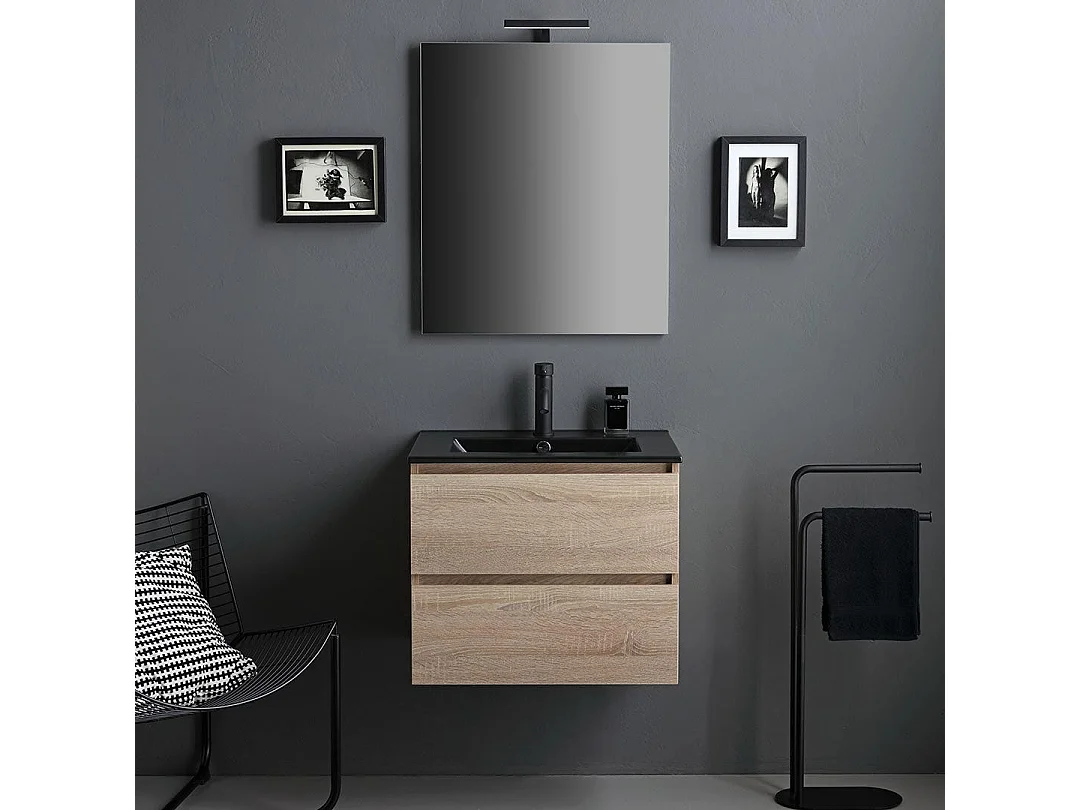 Meuble Salle De Bain 60Cm Chêne Avec Lavabo Noir Mat | Berlin