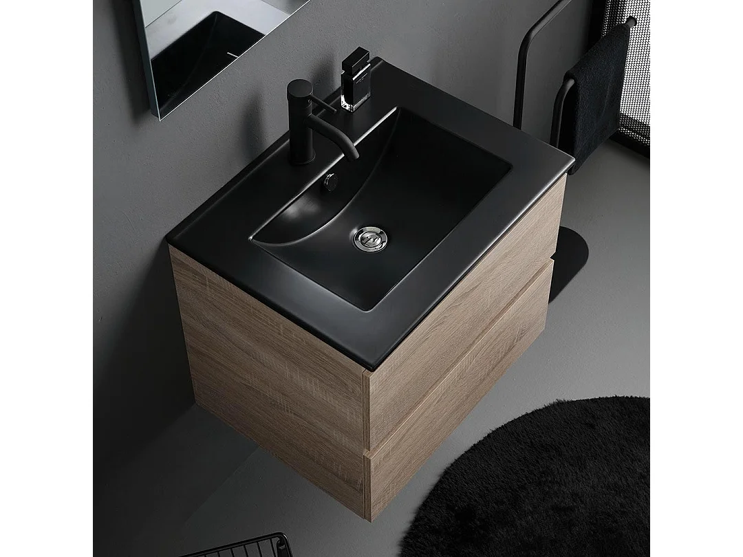 Meuble Salle De Bain 60Cm Chêne Avec Lavabo Noir Mat | Berlin