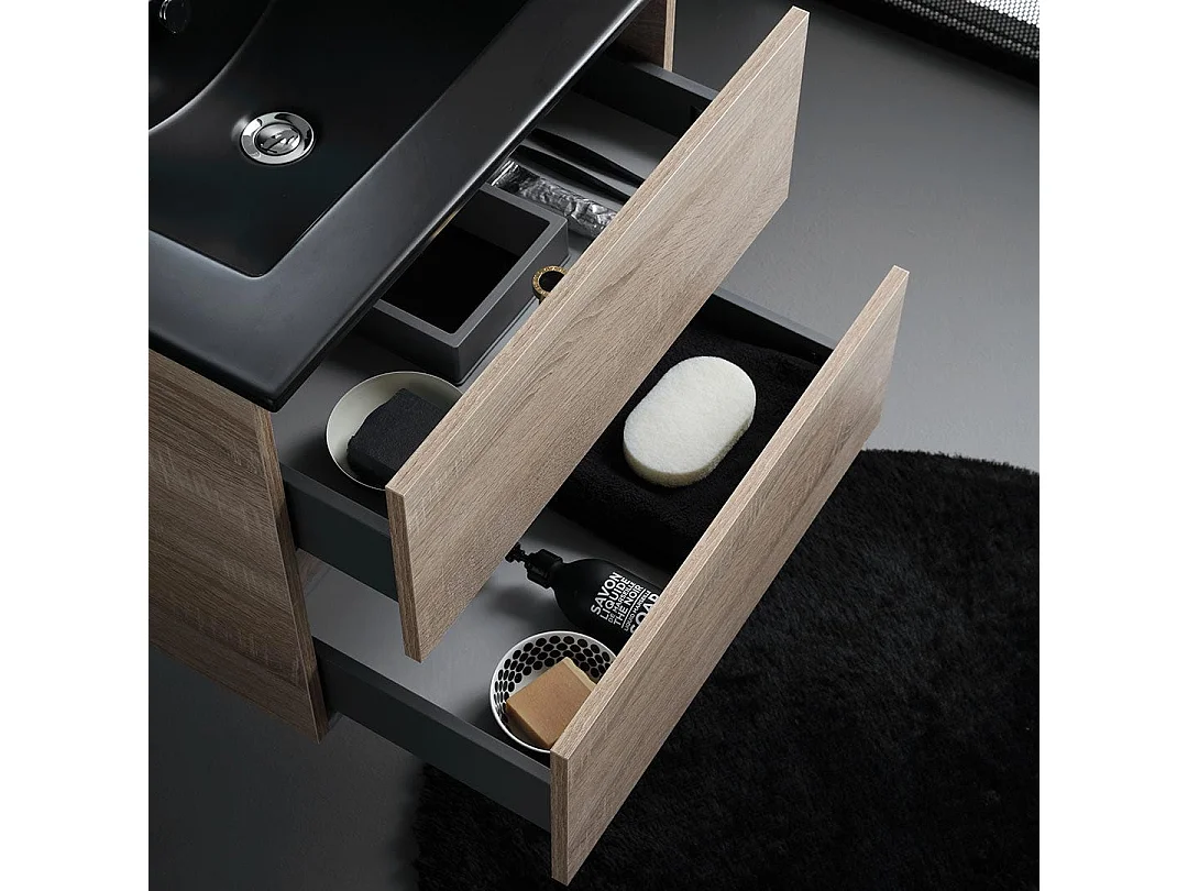 Meuble Salle De Bain 60Cm Chêne Avec Lavabo Noir Mat | Berlin