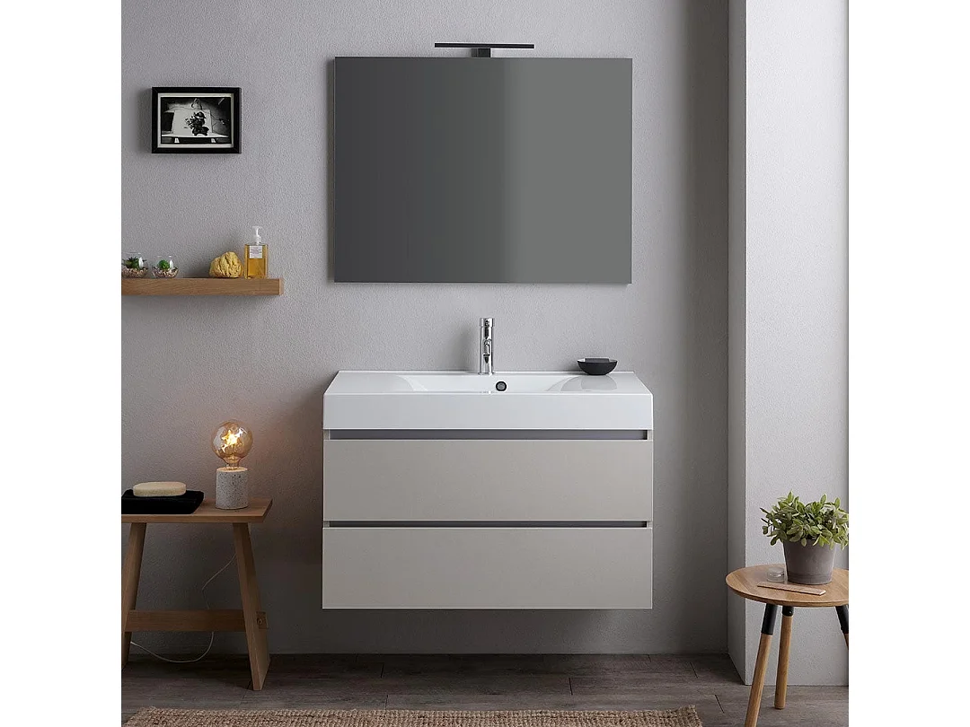 Meuble De Salle De Bains 90 Cm Gris Perle Avec Lavabo Et Miroir 90X70 | Valentina