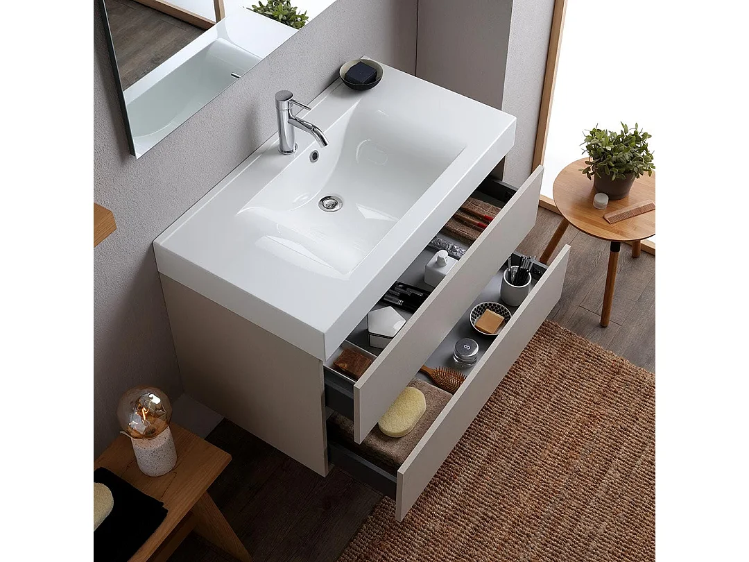 Meuble De Salle De Bains 90 Cm Gris Perle Avec Lavabo Et Miroir 90X70 | Valentina