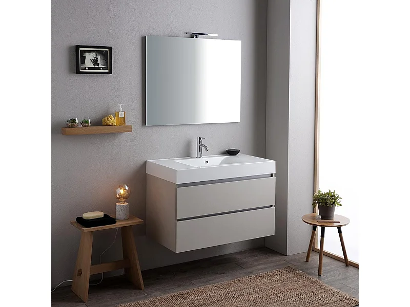 Meuble De Salle De Bains 90 Cm Gris Perle Avec Lavabo Et Miroir 90X70 | Valentina