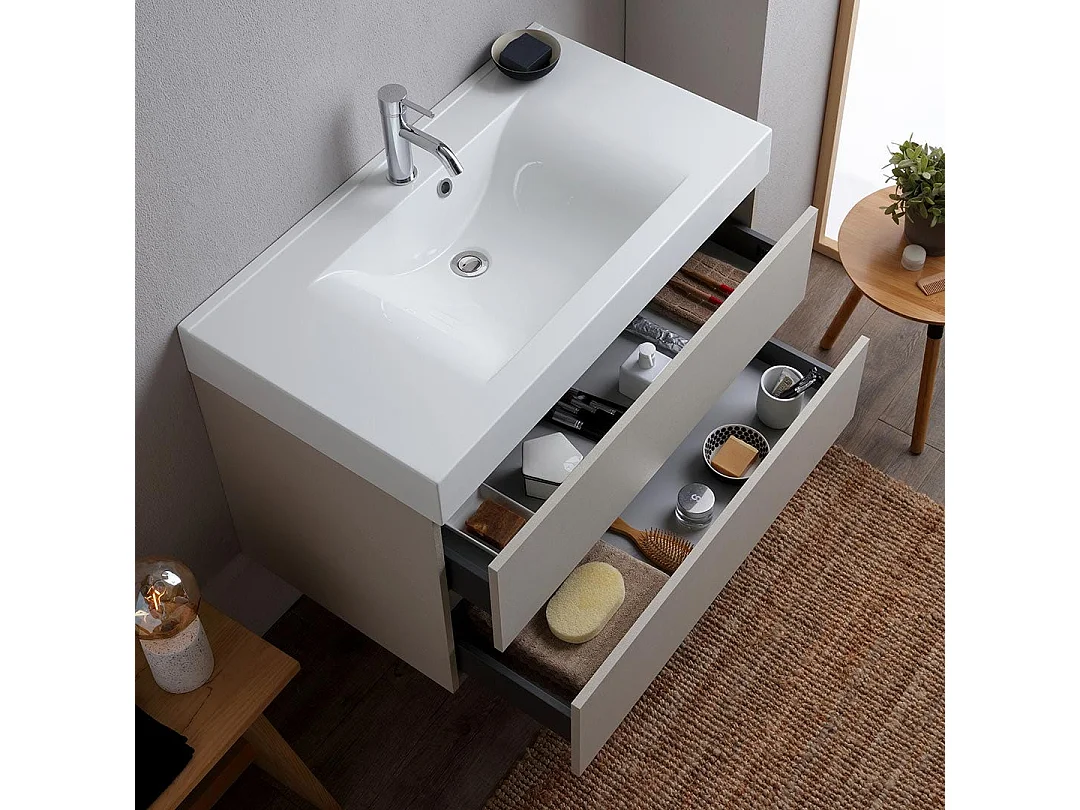 Meuble De Salle De Bains Suspendu 90Cm Tiroirs Gris Perle Et Lavabo | Valentina