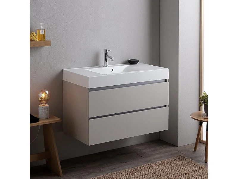 Meuble De Salle De Bains Suspendu 90Cm Tiroirs Gris Perle Et Lavabo | Valentina