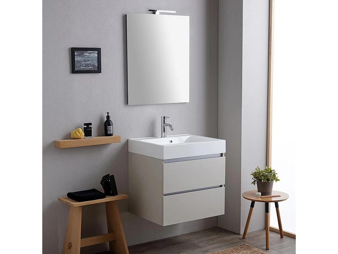 Meuble De Salle De Bains 60Cm 2 Tiroirs Gris Perle Avec Lavabo En Résine Et Miroir | Valentina
