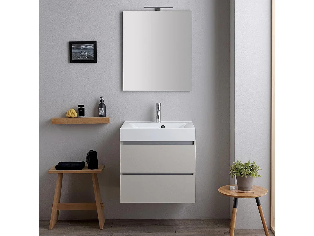 Meuble De Salle De Bains 60Cm 2 Tiroirs Gris Perle Avec Lavabo En Résine Et Miroir | Valentina